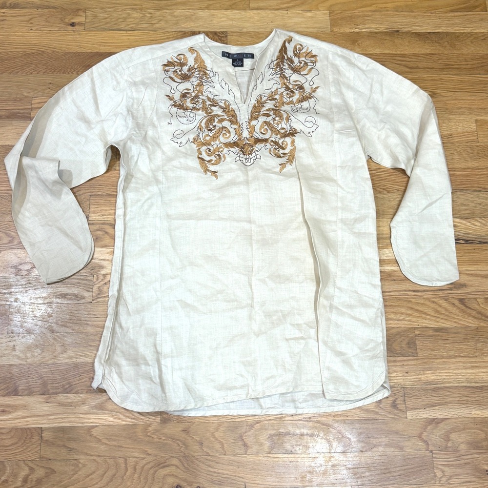 New Gen Oatmeal 100% Linen Embroidered Split Neck Tunic Top Large
